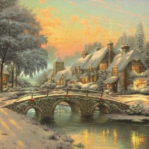 art-snow-bridge-lights-wreaths-Thomas Kinkade