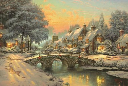 art-snow-bridge-lights-wreaths-Thomas Kinkade