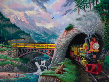 train-art-bridge-track-locomotive-tunnel-waterfall-mountains