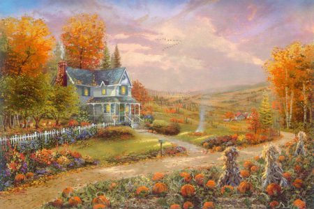 kinkade-autumn-pumpkins-hay-house-scarecrow