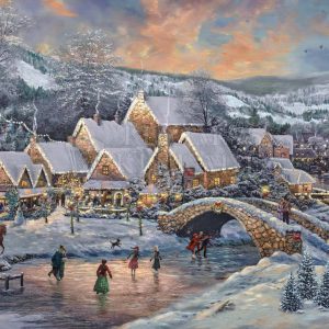 kinkade-village-snow-winter-christmas-holiday-horse-dog-children-bridge-mountains