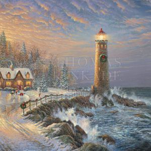 kinkade-holiday-lighthouse-waves-ocean-snowman-trees-cottage