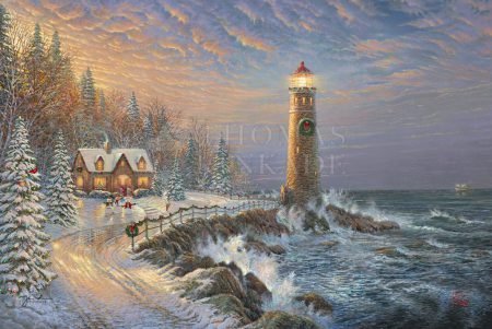 kinkade-holiday-lighthouse-waves-ocean-snowman-trees-cottage