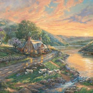 kinkade-sheep-river-cottage-country-landscape-hills-trees-flowers