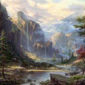 kinkade-mountains-blacklab-dog-trees-waterfall-wilderness-river