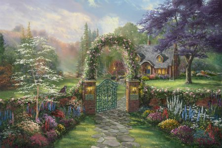 kinkade-hummingbird-flowers-cottage-cat-archway-gate-swing