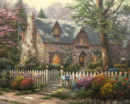 kinkade-patriotic-flags-american-cottage-whitefence-trees-flowers-floral-mailbox