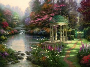 kinkade-original-gazebo-garden-pond-river-trees-lilypads