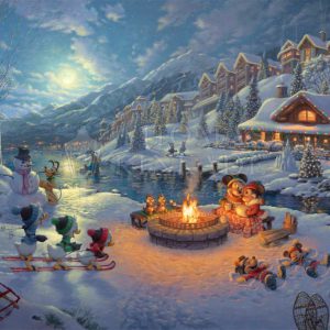 kinkade-disney-mickey-minnie-snow-holiday-christmas-lodge-campfire-nature