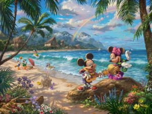 kinkade-hawaii-mickey-minnie-pluto-ocean-beach-sand-palmtrees-seashells