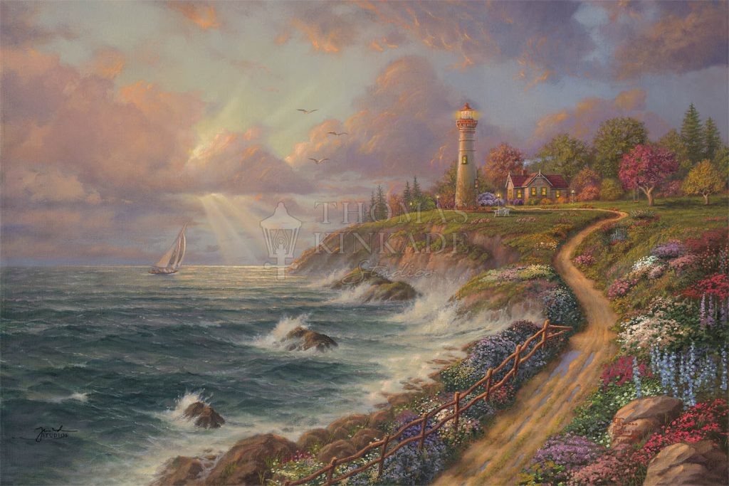 kinkade-ocean-storm-lighthouse-saiboat-waves-cliff-floral-trees-nature