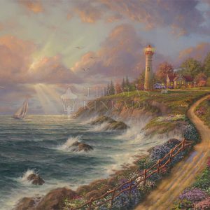 kinkade-ocean-storm-lighthouse-saiboat-waves-cliff-floral-trees-nature