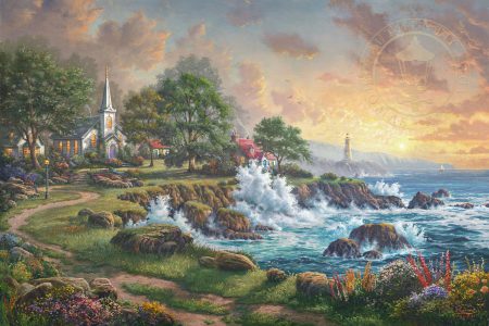 kinkade-village-church-lighthouse-waves-ocean-boat-sunset-hills