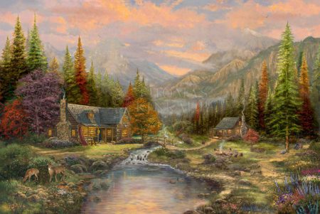 kinkade-deer-forest-cabin-cottage-house-nature-campfire-lake-waterfall-wildlife