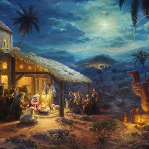 kinkade-christmas-nativity-jesus-mary-joseph-threewisemen-baby-manger-donkey-camel