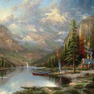 kinkade-mountains-nature-trees-rainbow-cabin-kayak-lake-clouds