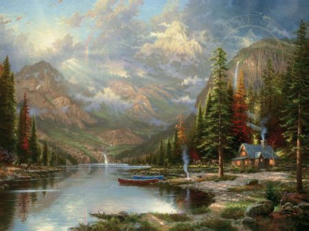 kinkade-mountains-nature-trees-rainbow-cabin-kayak-lake-clouds