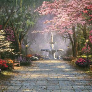 kinkade-original-fountain-romance-trees-floral-nature-pathway