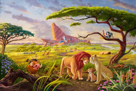 diney-kinkade-art-lionking-movie-simba-mufasa-pumba-timone-savannah-africa-animals-rafiki-lions-giraffes-priderock-trees-nature