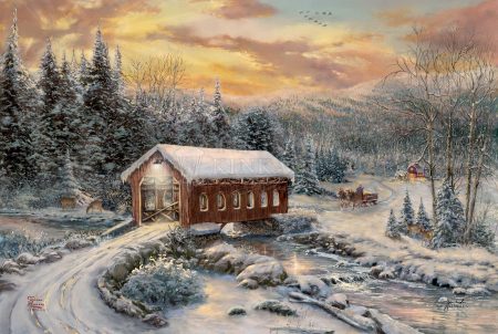 kinkade-art-winter-snow-deer-architecture-frozen-bridge-carrige-house-horses-trees-nature-clouds