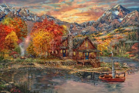 art-autumn-canoe-mountains