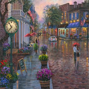 indiana-art-main-street-bricks-clock-shop-restaurant-red-umbrella