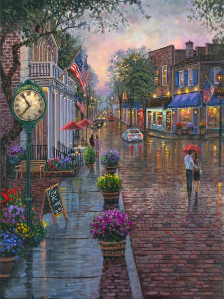 indiana-art-main-street-bricks-clock-shop-restaurant-red-umbrella