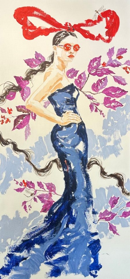-original-mixed-media-girl-red-bow-blue-dress-bugs-carlos