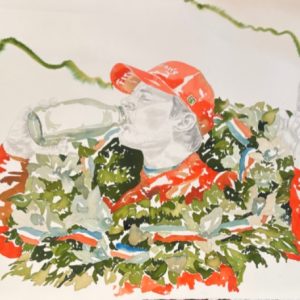 original-watercolor-paper-graphite-red-green-racing-cars-indy500-milk-winner