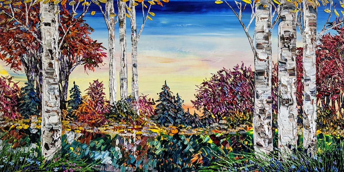 Eventov-Maya-189115-Day-Birch-With-Pines original-acrylic-canvas-textured-palette-knife-birch-pine-trees-maya-eventov