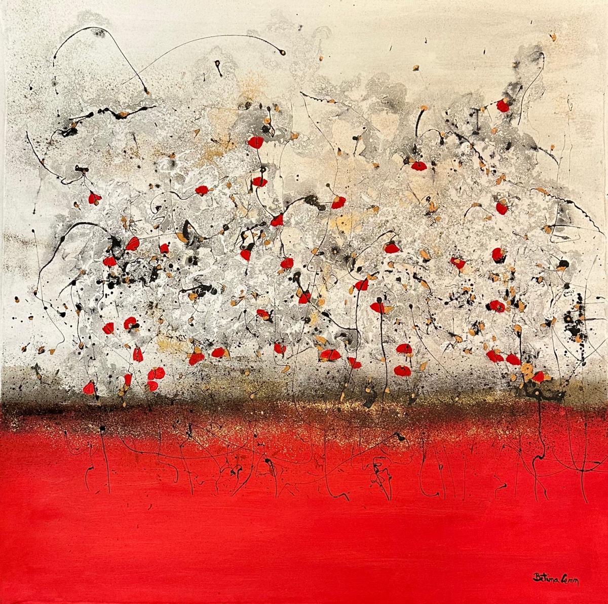 Levin-Betina-Flow original-canvas-mixed-media-acrylic-modern-red-gold-floral-betina-levin