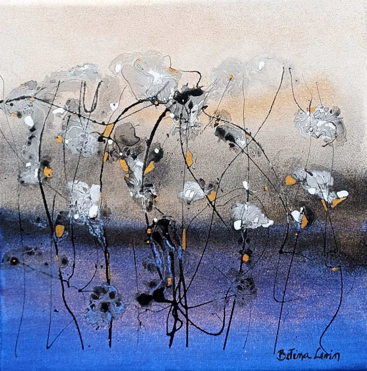 Levin-Betina-River-Flowers original-canvas-mixed-media-acrylic-modern-blue-gold-floral-betina-levin